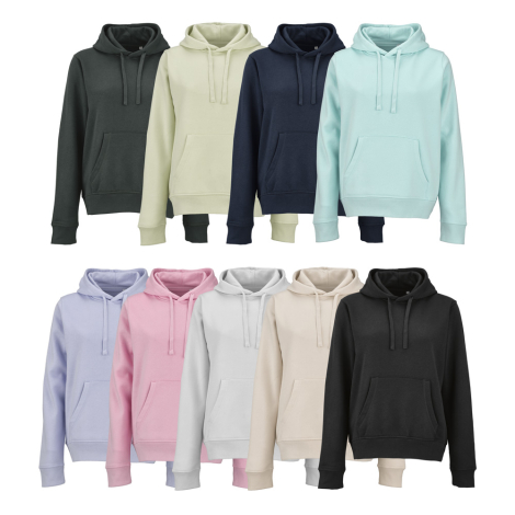 Neuf sweats à capuche pour femme présentés de face dans différents coloris.