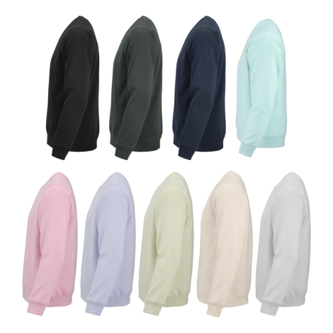 Vue de profil de huit sweats unisexes à col rond présentés dans différents coloris, montrant la coupe et les finitions en bord-c
