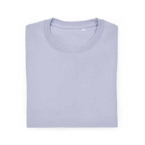 Sweat unisexe bleu clair soigneusement plié, mettant en évidence le col rond et l'encolure, sans marquage visible.
