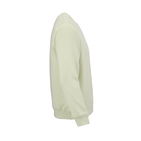 Sweat unisexe vert clair présenté de profil, montrant la coupe, la manche longue et les finitions en bord-côte, sans marquage vi