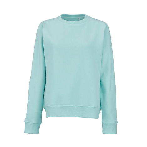 Vue de face d'un sweat femme à col rond de couleur bleu clair, manches longues et finitions en bord-côte aux poignets et à la ta