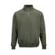 Vue de face d'un sweat unisexe vert kaki à col montant avec demi-fermeture zippée. Les manches longues, les poignets et la taill Vue de face d'un sweat unisexe vert kaki à col montant avec demi-fermeture zippée. Les manches longues, les poignets et la taill