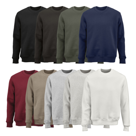 Présentation de neuf sweats à col rond déclinés en différents coloris, vus de face, sans personnalisation visible.