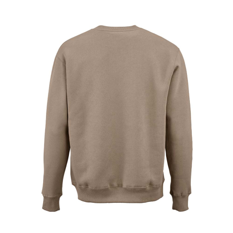 Vue de dos d'un sweat mixte beige à col rond avec manches longues et finitions en bord-côte, présenté sans personnalisation visi