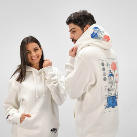 Homme et femme portant des sweats unisexes écrus à capuche ; des personnalisations sont visibles sur le devant du sweat porté pa