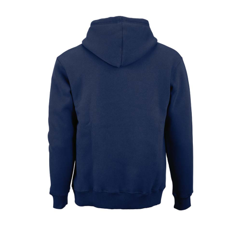 Vue de dos d'un sweat unisexe bleu marine à capuche montrant la coupe et les finitions en bord-côte, sans personnalisation visib