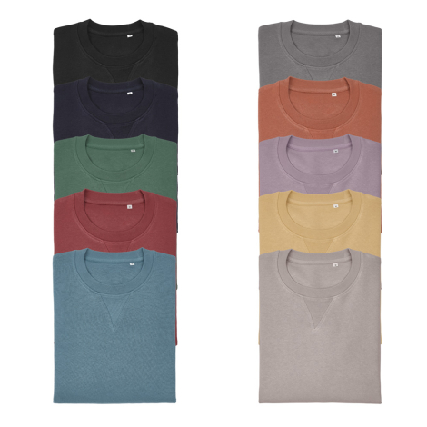 Présentation de dix sweats unisexes à col rond pliés, déclinés en différents coloris, sans personnalisation visible.