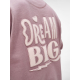 Gros plan du dos d'un sweat unisexe rose poudré avec une grande personnalisation textile appliquée sur le haut du dos.