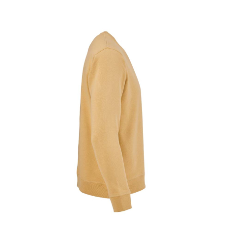 Vue de profil d'un sweat unisexe jaune à col rond mettant en évidence la coupe, la manche et les finitions en bord-côte, sans pe