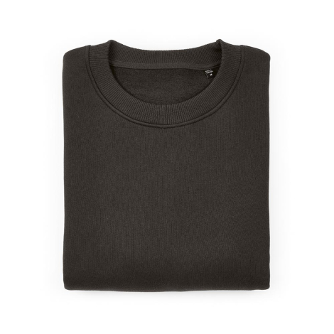 Sweat oversize noir plié mettant en évidence le col rond en bord-côte et les finitions, sans personnalisation visible.