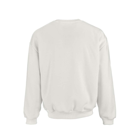 Vue de dos d'un sweat oversize blanc montrant la coupe ample, les épaules tombantes et les finitions, sans personnalisation visi
