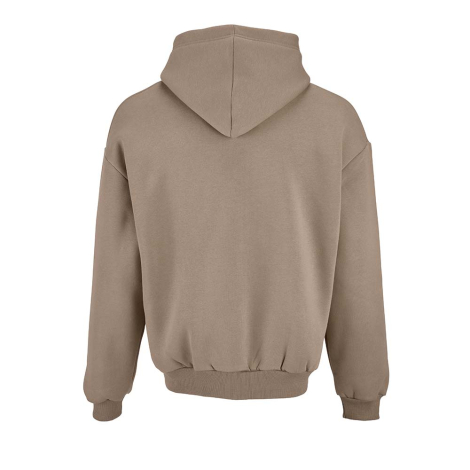 Vue de dos d'un sweat à capuche oversize beige montrant la capuche, les épaules tombantes et les finitions, sans personnalisatio