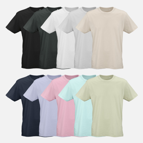 T-shirt unisexe présenté en dix coloris différents, tous vus de face et sans personnalisation visible.