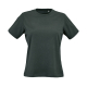 T-shirt femme vert foncé à manches courtes vu de face, sans personnalisation visible. T-shirt femme vert foncé à manches courtes vu de face, sans personnalisation visible.