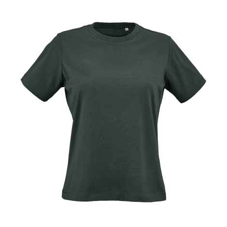 T-shirt femme vert foncé à manches courtes vu de face, sans personnalisation visible.