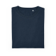 T-shirt femme bleu marine plié mettant en évidence le col rond, sans personnalisation visible. T-shirt femme bleu marine plié mettant en évidence le col rond, sans personnalisation visible.