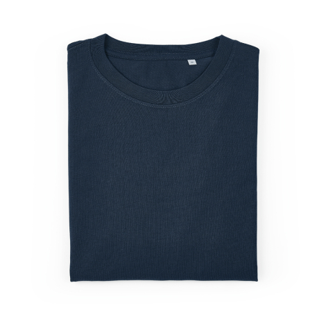 T-shirt femme bleu marine plié mettant en évidence le col rond, sans personnalisation visible.