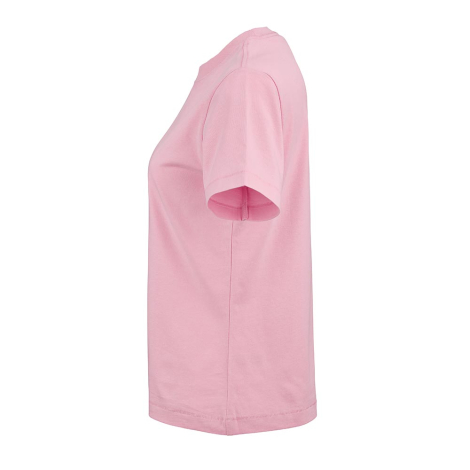 Vue de profil d'un t-shirt femme rose à manches courtes, sans personnalisation visible.