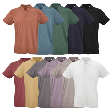 Ensemble de onze polos unisexes présentés de face dans différents coloris, sans personnalisation visible.