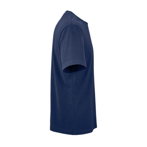 T-shirt unisexe bleu marine présenté de profil, illustrant la coupe classique et les manches courtes.