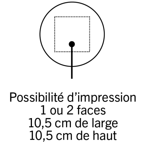 Schéma d’un ballon rond avec une zone carrée de personnalisation délimitée au centre, sans marquage visible.